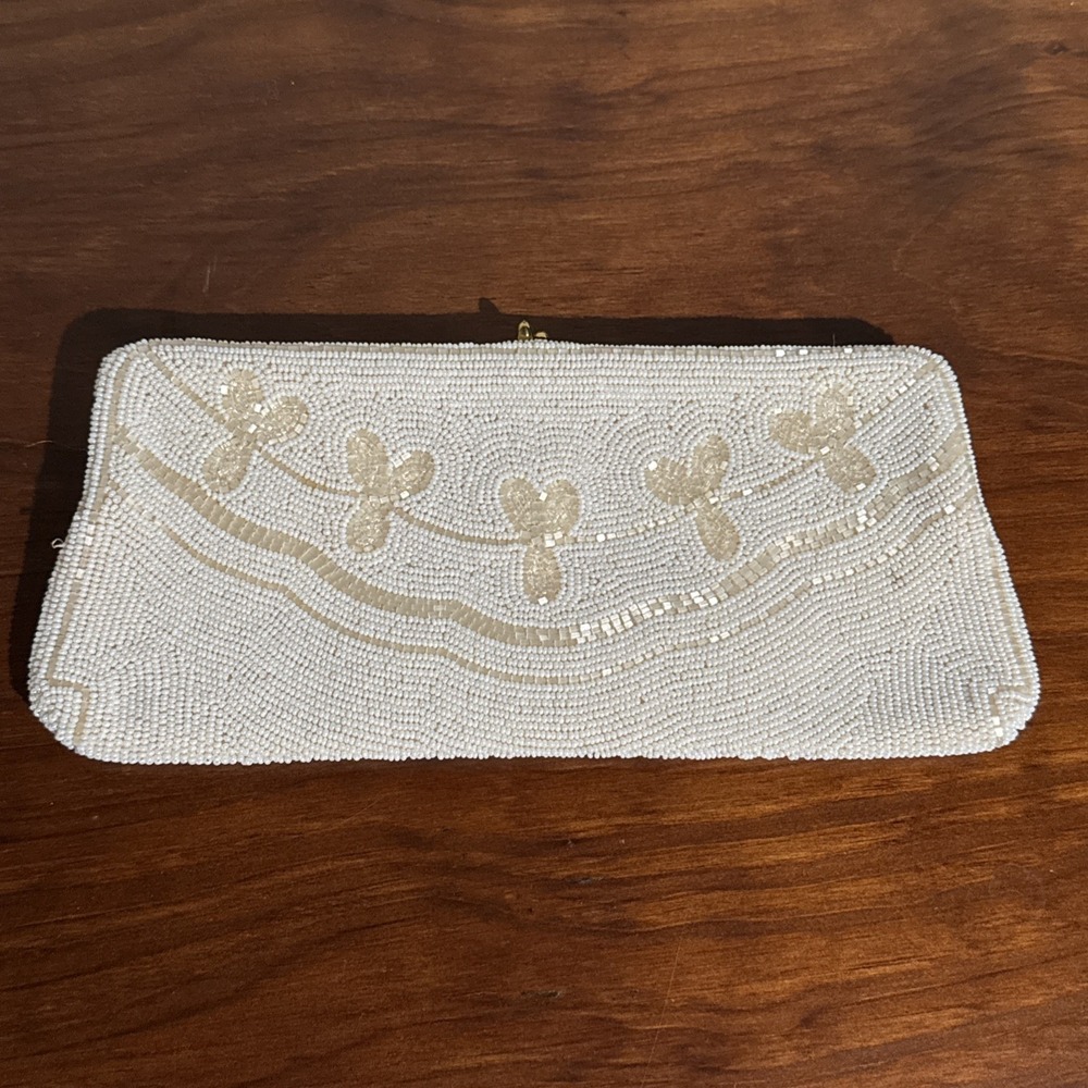 Vintage Handmade In Belgium Beaded Handbag Clutch Purse Off White